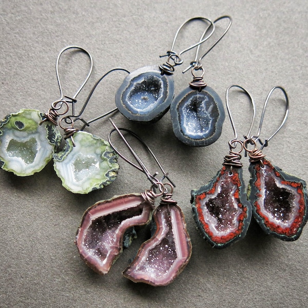 Pendientes de geoda de Tabasco con drusa, pendientes de cristal de piedra preciosa natural en bruto, joyería gótica de piedra de bruja, moda bohemia pagana caprichosa