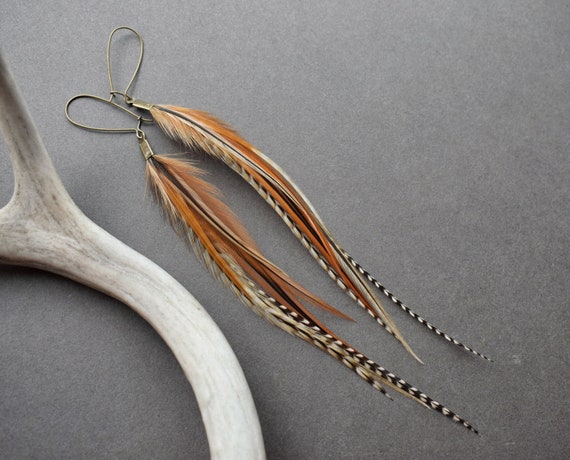 Rust Brown Feather Earrings, Natural Real Feather Jewelry, Boho Dangle Earrings, Long Feather Earrings, Burnt Orange Statement Earrings