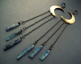 Blue Kyanite Crescent Moon Earrings, Raw Crystal Jewelry, Witchy Whimsigoth Aesthetic