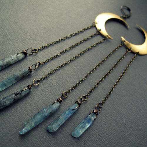 Blue Kyanite Crescent Moon Earrings, Raw Crystal Jewelry, Witchy Whimsigoth Aesthetic