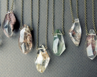 Garden Quartz Necklace, Lodolite Quartz Crystal Necklace, Boho Jewelry, Clear Green Purple Crystal Pendant, Scenic Phantom Quartz Lodalite
