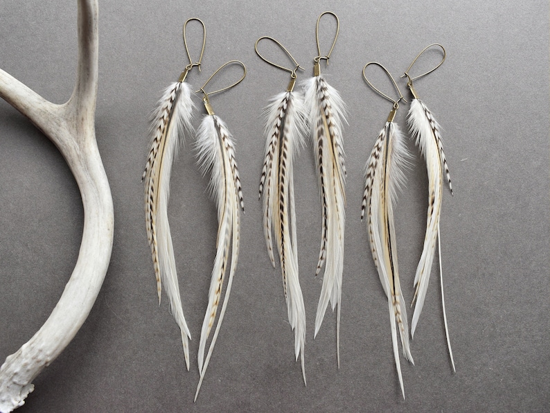 White Feather Earrings, Bridal Boho Earrings for Wedding, Natural Real Feather Earrings, Cream Off White Earrings, Long Statement Earrings image 8