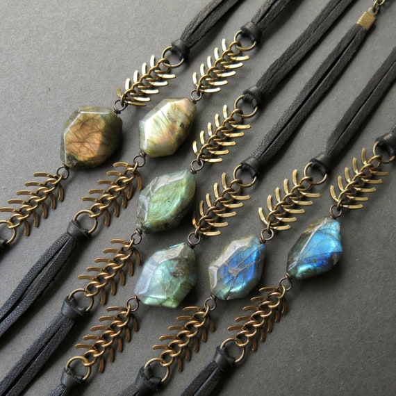 Labradorite Choker, Black Leather Choker Necklace, Crystal