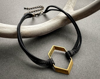 Brass Hexagon Choker Necklace, Black Leather O Ring Choker Collar, 90s Alt Goth Aesthetic, Gothic Day Collar, Edgy Witchy Jewelry