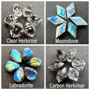 May include: A four-part grid displaying gemstone beads: clear Herkimer diamonds, diamond-shaped moonstones with blue iridescence, teardrop-shaped labradorite with blue and gold flashes, and dark carbon-included Herkimer diamond beads.