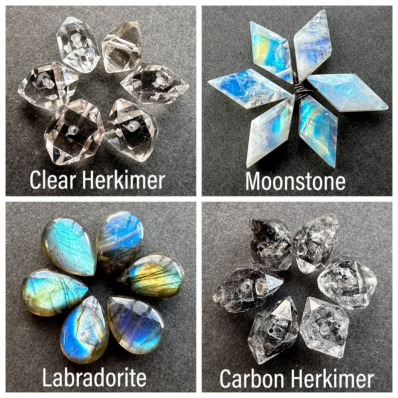 May include: A four-part grid displaying gemstone beads: clear Herkimer diamonds, diamond-shaped moonstones with blue iridescence, teardrop-shaped labradorite with blue and gold flashes, and dark carbon-included Herkimer diamond beads.