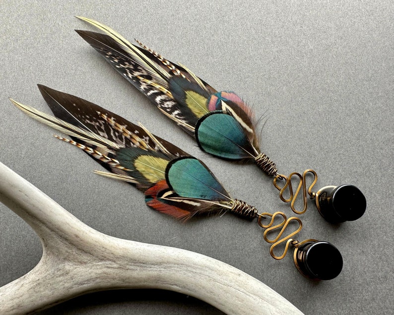 Feather Dangle Gauges, Brown Green Teal Ear Plugs, 2g 0g 00g 1/2 9/16 5/8 3/4 7/8 1 inch Bohemian Wood Stone Gauge Earrings, Wedding Tunnels image 1