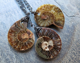 Ammoniten-Fossilien-Halskette, antike, versteinerte Kopffüßerschale, spiralförmiger Steinanhänger, passendes Geschenk für die beste Freundin, Boho-Schmuck im Hexen- und Heidenstil