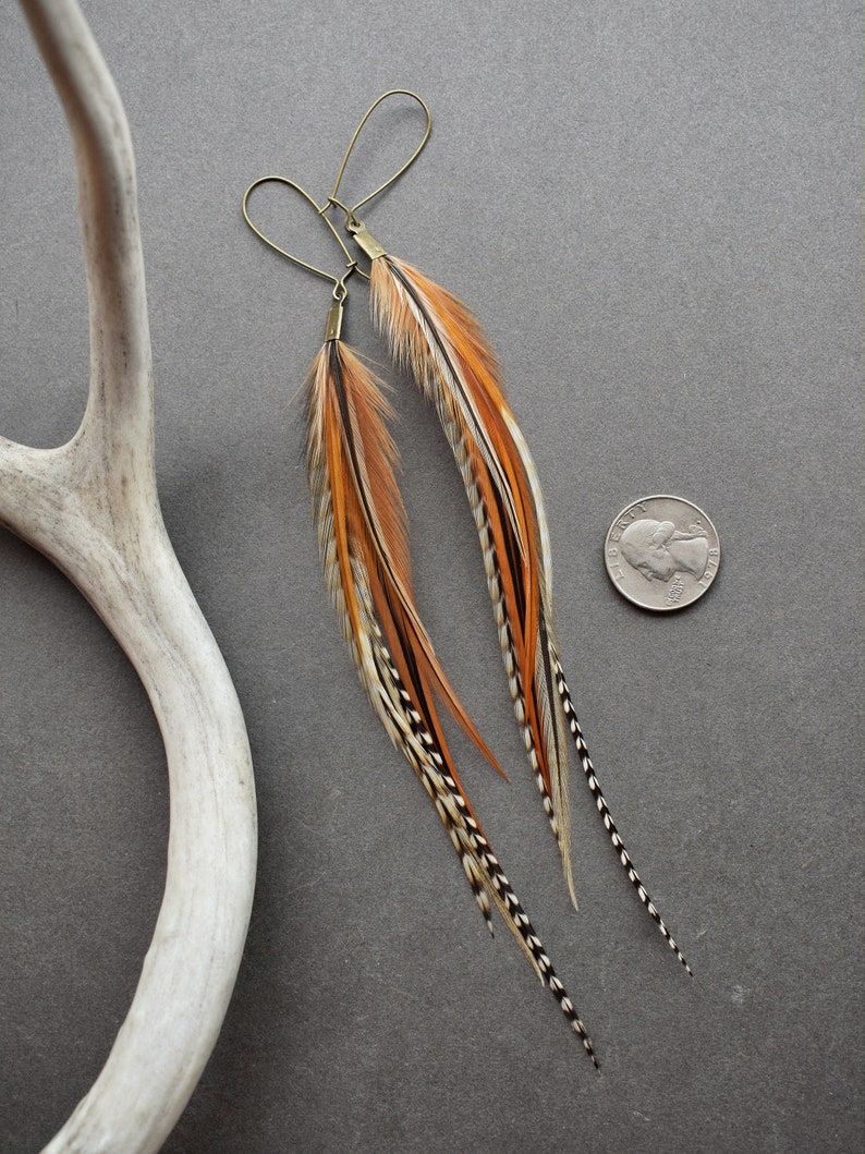 Rust Brown Feather Earrings Natural Real Feather Jewelry Boho Earrings Dangle Long Feather Earrings Burnt Orange Statement Earrings image 6