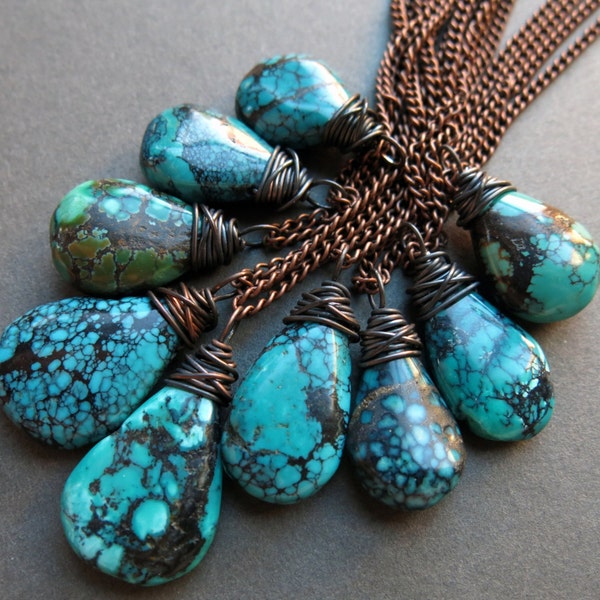 Collier turquoise du Hubei, bijoux turquoise véritable, long collier bohème, bijoux turquoise brut, pendentif turquoise véritable, turquoise naturelle