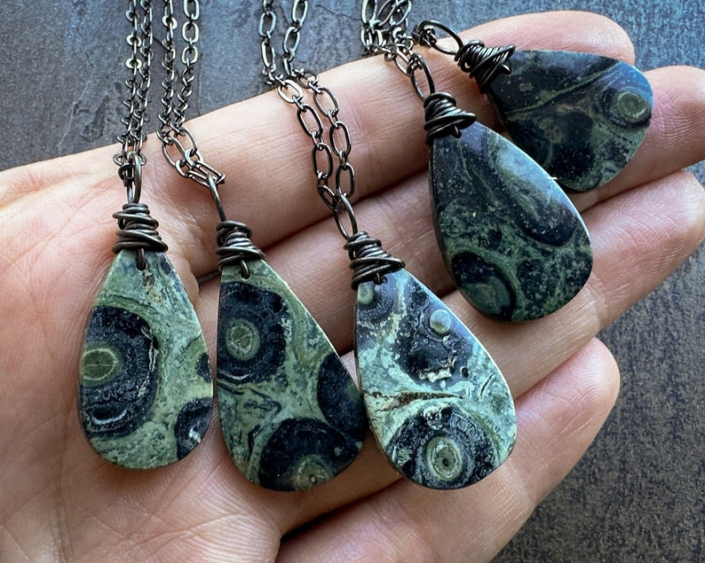 Kambaba Jasper Necklace, Boho Natural Stone Pendant, Witchy Green Gemstone Necklace, Grunge Fairycore Woodland Goth Pagan Wiccan Jewelry image 2