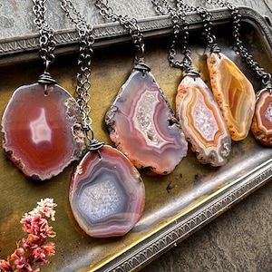 Botswana Agate Necklace, Natural Stone Pendant, Boho Witchy Gemstone Jewelry, Yellow Orange Pink Red Agate Slice on Gunmetal Silver Chain image 4