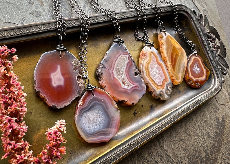 Botswana Agate Necklace, Natural Stone Pendant, Boho Witchy Gemstone Jewelry, Yellow Orange Pink Red Agate Slice on Gunmetal Silver Chain image 4