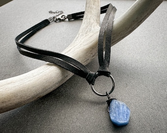 Dainty Blue Kyanite Crystal Choker, Witchy Black Leather Day Collar, Whimsigoth Dark Academia Jewelry