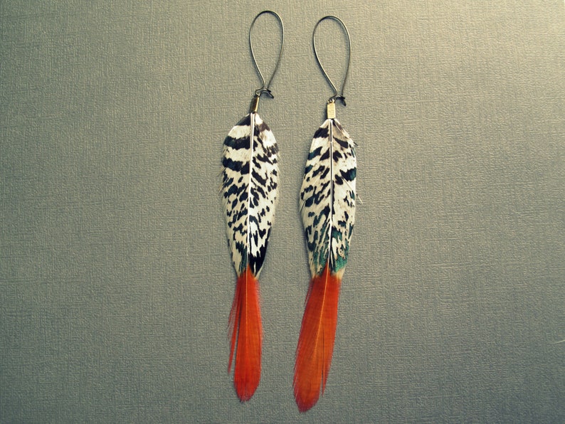 May include: A pair of earrings featuring long, black and white feathers with orange tips. The feathers are attached to silver hoops.