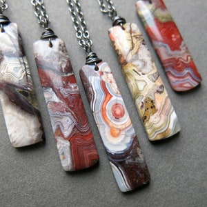 Crazy Lace Agate Necklace, Natural Stone Necklace, Gray Red Agate Pendant, Gemstone Necklace, Laguna Mexican Agate Jewelry, Stone Pendant