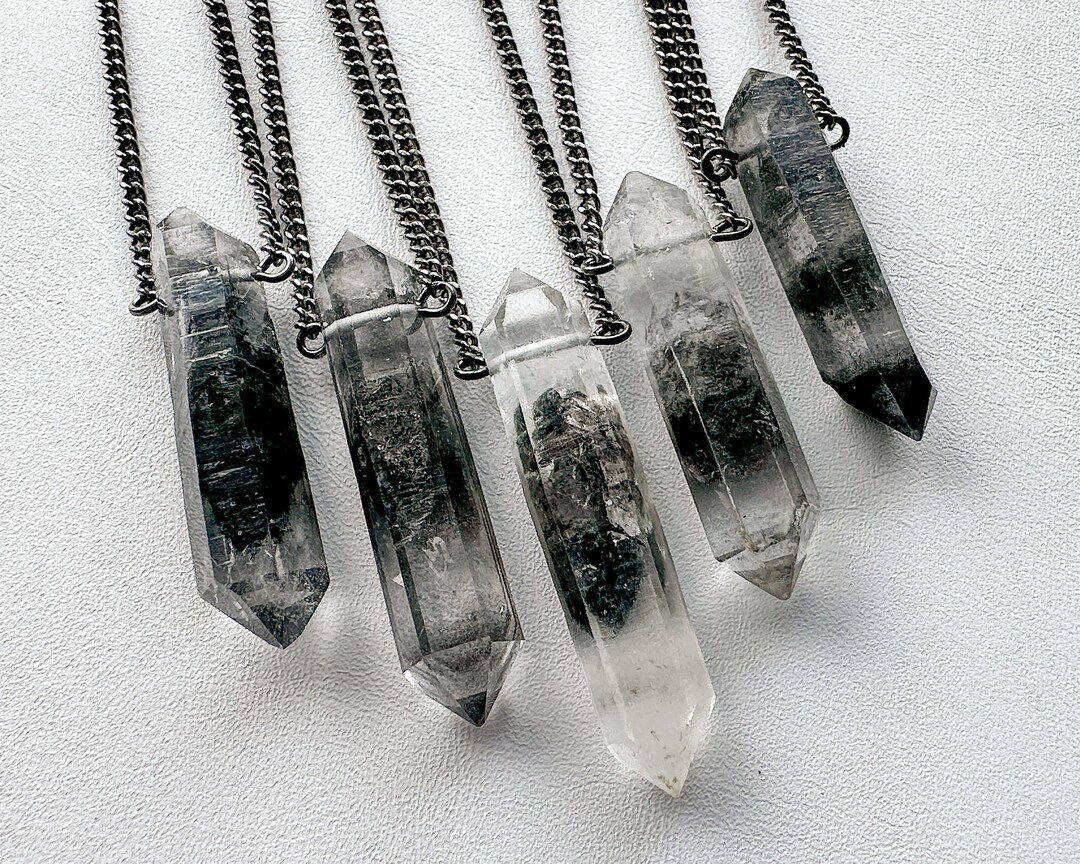 Raw Tibetan Quartz Necklace, Double Terminated Clear Black