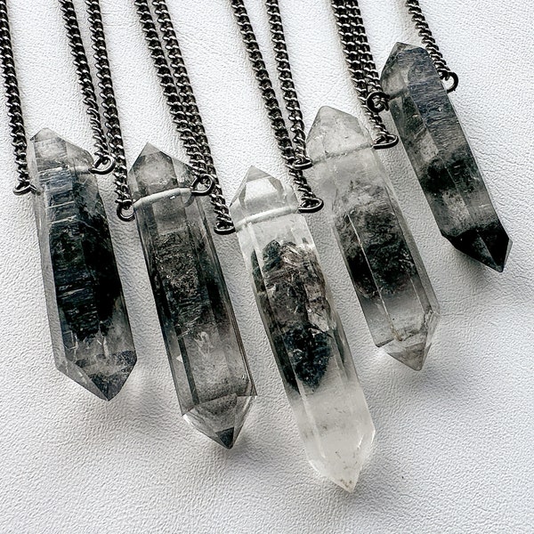 Raw Tibetan Quartz Necklace, Double Terminated Clear Black Phantom Quartz Crystal Pendant, Wiccan Gothic Necklace, Boho Pagan Witchy Jewelry