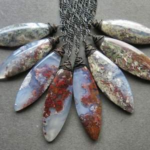 Moss Agate Necklace, Natural Plume Agate Gemstone Pendant, Forest Witch Boho Whimsigoth Jewelry