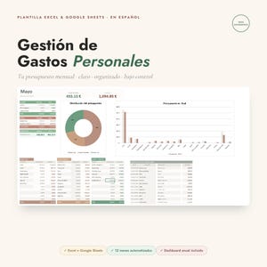 Puede incluir: Una plantilla digital de gestión de gastos personales para Excel y Google Sheets. La interfaz muestra un panel de presupuesto mensual con un gráfico de anillos, un gráfico de barras comparando presupuesto frente a real y tablas financieras detalladas.