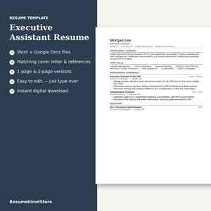 Pode incluir: Um modelo de currículo para assistente executivo com uma barra lateral azul-escura e texto branco listando arquivos do Word e Google Docs, carta de apresentação e versões de 1 ou 2 páginas. À direita, um exemplo de currículo para Morgan Lee.
