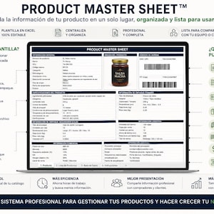 Puede incluir: Una plantilla digital de ficha maestra de producto en una pantalla de portátil, con secciones para información general, embalaje primario, logística y datos comerciales, incluyendo una imagen de muestra de un frasco de Salsa Macha.