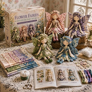 May include: A Flower Fairies patchwork fairy DIY kit box, four finished fairy dolls with floral wings, stacks of patterned fabric, a step-by-step instruction book, small decorative flowers, embroidery thread, a pincushion, and metal scissors.
