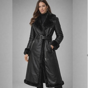 Handmade Women's Black Long Shearling Coat, Sheepskin Longline Winter Jacket, Aviator B3 Trench Coat