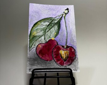 Original Watercolor Postcard: Cherries with Leaf, Metallic Watercolor Art