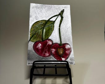 Original Watercolor Postcard: Cherries with Leaf, Metallic Watercolor Art