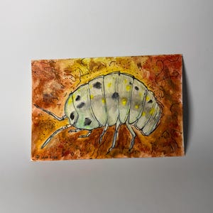 Puede incluir: Pintura a la acuarela de una cochinilla, con un cuerpo verde claro y manchas negras y amarillas. La obra de arte está ambientada sobre un fondo marrón y naranja texturizado. La cochinilla tiene antenas y patas visibles.