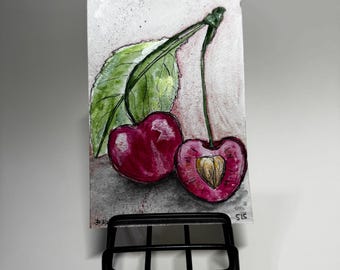 Original Watercolor Postcard: Cherries with Leaf, Metallic Watercolor Art