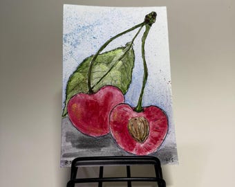 Original Watercolor Postcard: Cherries with Leaf, Metallic Watercolor Art