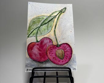 Original Watercolor Postcard: Cherries with Leaf, Metallic Watercolor Art