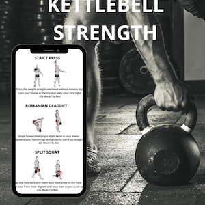 Puede incluir: Una descarga digital en PDF titulada The 10-Minute Kettlebell Strength Full Body Routine. La imagen muestra una pesa rusa negra de 40 kg y un teléfono inteligente que muestra instrucciones de ejercicios para press estricto, peso muerto y sentadilla.