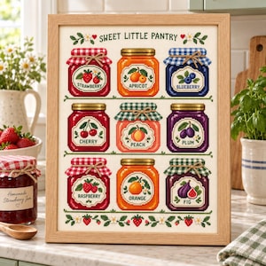 May include: A framed cross-stitch sampler titled SWEET LITTLE PANTRY featuring nine jars of fruit preserves arranged in three rows. Each jar is labelled with the fruit name and decorated with a matching fabric lid cover and twine bow.