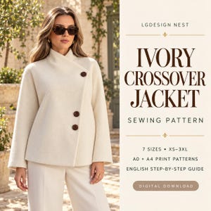 May include: An ivory crossover jacket sewing pattern by LGDESIGN NEST. The text reads IVORY CROSSOVER JACKET SEWING PATTERN, 7 SIZES XS-3XL, A0 + A4 PRINT PATTERNS, ENGLISH STEP-BY-STEP GUIDE, and DIGITAL DOWNLOAD. The jacket features three dark buttons.