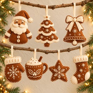 May include: A set of seven brown and cream felt ornaments hanging from a branch, including a Santa Claus, a Christmas tree, a bell, a mitten, a mug of cocoa, a star, and a stocking, all featuring intricate white stitched details.