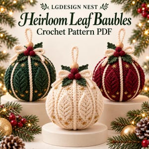 May include: Three crocheted baubles in dark green, cream, and deep red, each featuring a leaf pattern, cream-colored vertical stripes, and a top decoration of green leaves, red berries, and a wooden bead. Text reads LGDESIGN NEST Heirloom Leaf Baubles Crochet Pattern PDF.