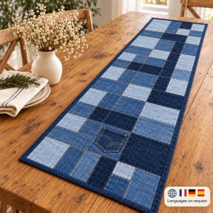 Denim Table Runner Sewing Pattern PDF, Upcycled Patchwork in 3 Sizes with Optional Pockets, Begginer Friendly, Instant Download