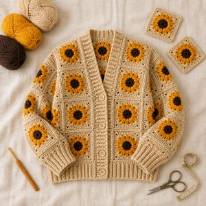 Könnte beinhalten: Eine beige Häkelstrickjacke aus quadratischen Motiven mit Sonnenblumenmustern, die dunkelbraune Mitten und gelbe Blütenblätter aufweisen. Das Kleidungsstück hat einen gerippten Kragen, Bündchen und Saum und wird vorne mit vier hellen Knöpfen geschlossen.