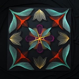 May include: A square string art piece on a black background featuring a central floral mandala pattern in purple, teal, and yellow. Four corner motifs display red and teal geometric shapes, while four side accents show gold thread designs.