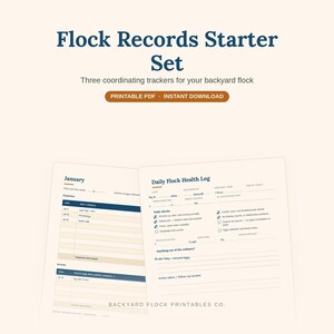 May include: Flock Records Starter Set printable PDF with three coordinating trackers for a backyard flock. Includes a January expense and income log and a Daily Flock Health Log with fields for date, weather, bird health checks, and egg collection.
