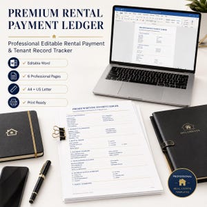 Könnte beinhalten: Eine digitale Vorlage mit dem Titel Premium Rental Payment Ledger, die auf einem Laptop-Bildschirm angezeigt und auf Papier gedruckt ist. Das Dokument enthält Abschnitte für Mieterinformationen, Objektdetails, Mietbedingungen und Zahlungsübersichten.