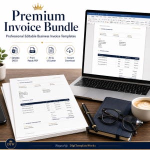 Może przedstawiać: Cyfrowy zestaw szablonów Premium Invoice Bundle zawierający laptopa z edytowalną fakturą, wydrukowany dokument faktury, czarny notatnik, pióro wieczne i okulary. Tekst zawiera Premium Invoice Bundle, Editable DOCX, Print Ready PDF, A4 & US Letter oraz Instant Download.