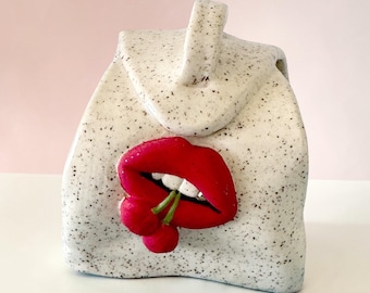 Handmade Ceramic Art Piece: Cherry Red Lips