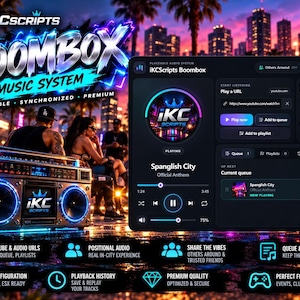 Op de afbeelding: Een digitale interface voor het iKCScripts Boombox muzieksysteem, met een donker thema en neonblauwe accenten. Het display toont afspeelknoppen, een wachtrij, volume-instellingen en een cirkelvormige afbeelding voor Spanglish City.