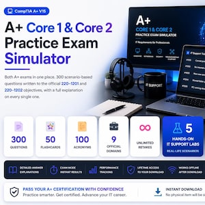 Può includere: Software CompTIA A+ V15 Core 1 & Core 2 Practice Exam Simulator con 300 domande, 50 flashcard, 100 acronimi, 9 domini, 5 laboratori pratici di supporto IT e 10 ticket di supporto reali. Include spiegazioni dettagliate per ogni risposta.