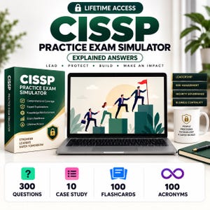 May include: A CISSP practice exam simulator product display featuring a box, a laptop showing a graphic of people climbing blocks toward a flag, a mug with a shield icon, and a notebook. Text includes "Lifetime Access," "300 Questions," and "100 Acronyms."