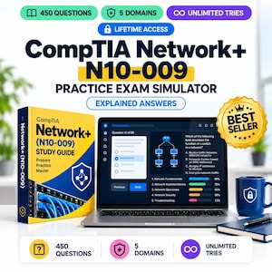 May include: A CompTIA Network+ N10-009 practice exam simulator study guide, a laptop displaying a network question, a blue mug with a shield icon, and a notebook. Text includes 450 QUESTIONS, 5 DOMAINS, UNLIMITED TRIES, and BEST SELLER.